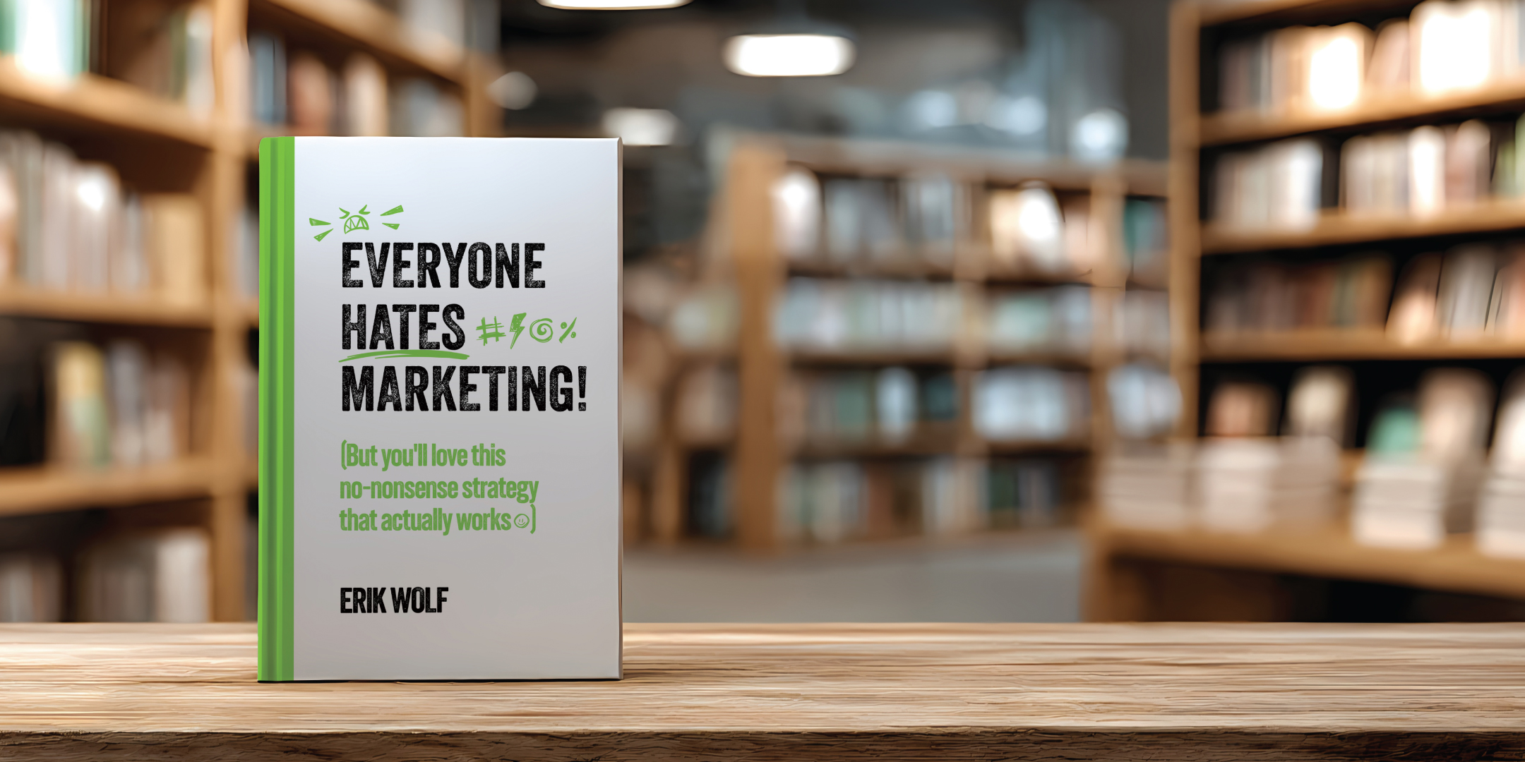 Everyone Hates Marketing! on a bookstore shelf.